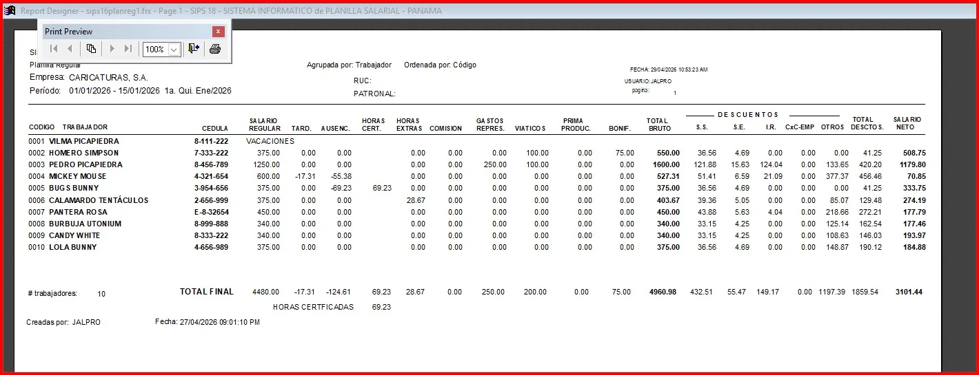 Reporte de planilla regular generado por SIPS