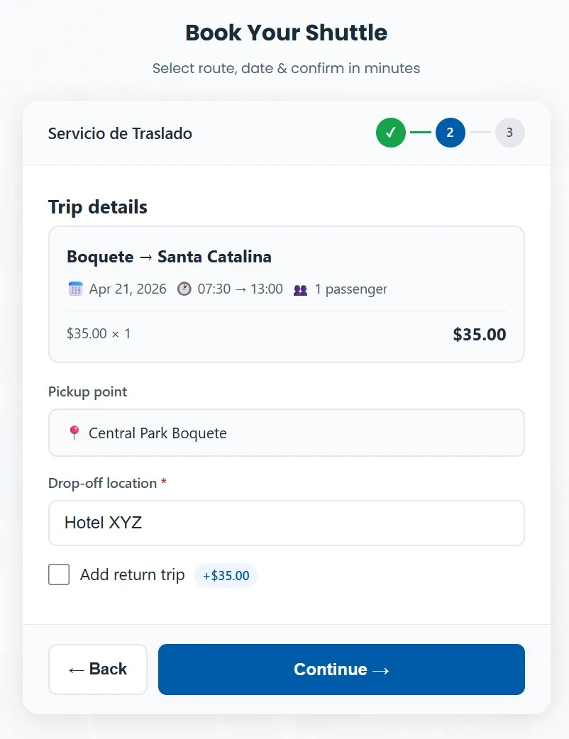 Widget de reserva de Trip Manager en la página del operador